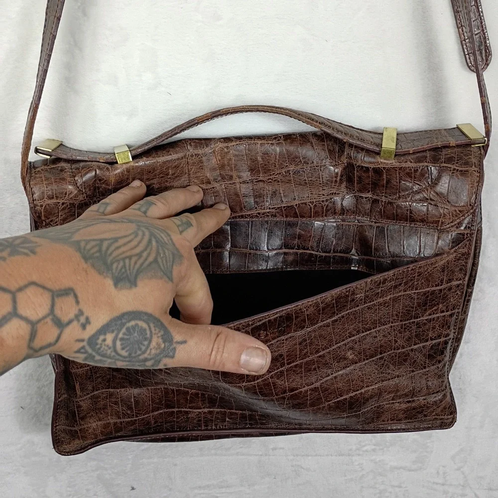 Foley‎ + Corinna Brown Croc Embossed Leather Satchel Shoulder Bag Brass Hardware